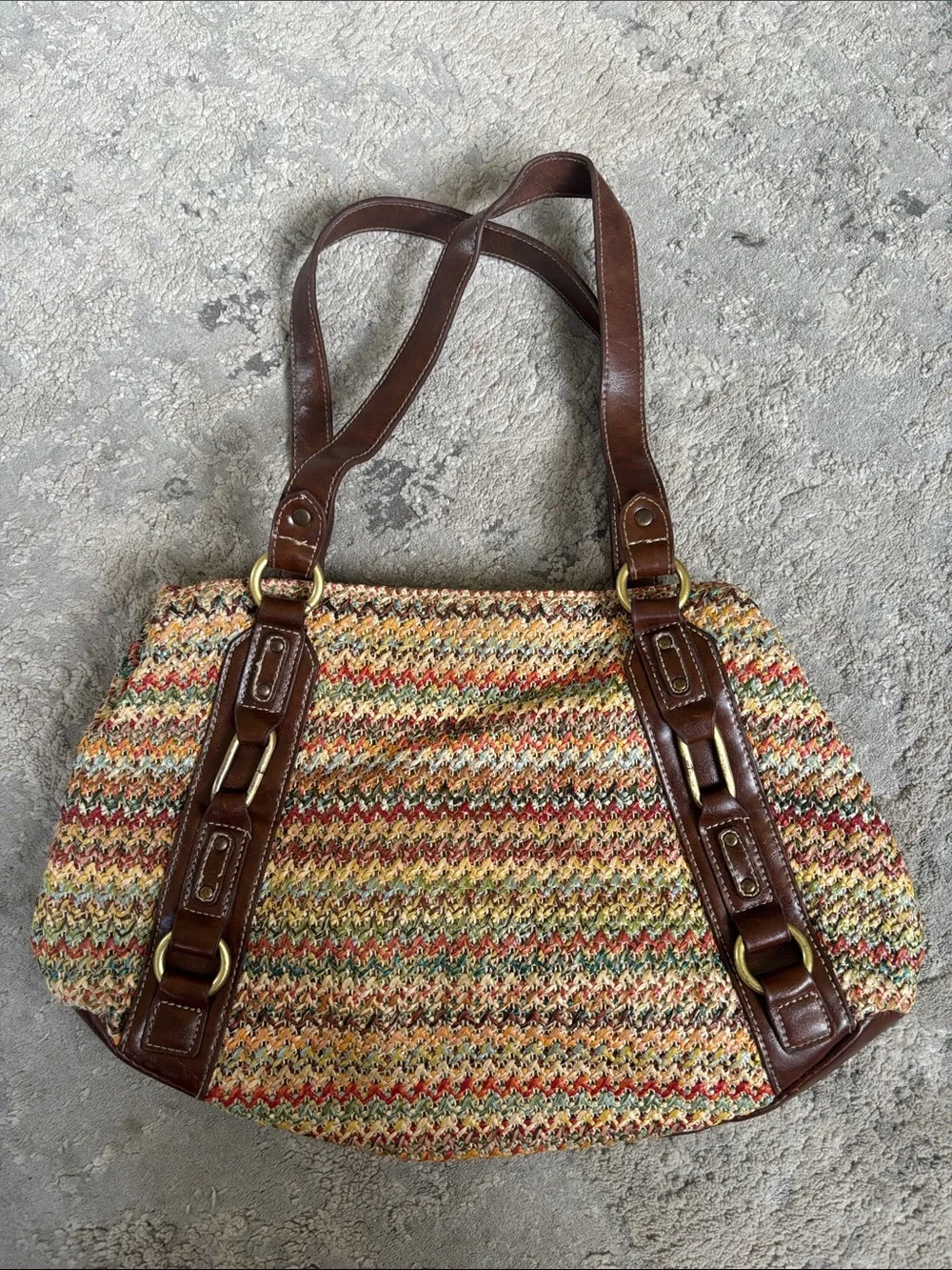 Multicolor Woven Shoulder Bag with Brown Leather Straps - Picture 1 of 2